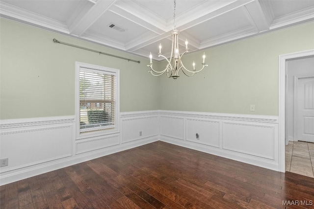 spare room featuring coffered ceiling, wainscoting, wood finished floors, beam ceiling, and a notable chandelier