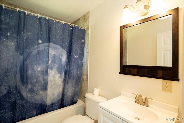 bathroom featuring shower / tub combo with curtain, vanity, and toilet