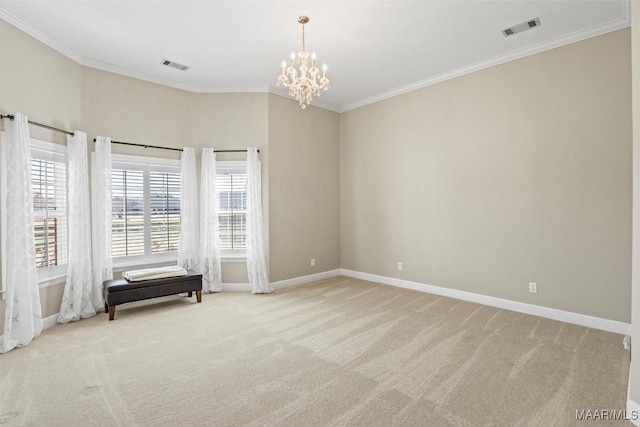 spare room featuring light carpet, ornamental molding, visible vents, and baseboards