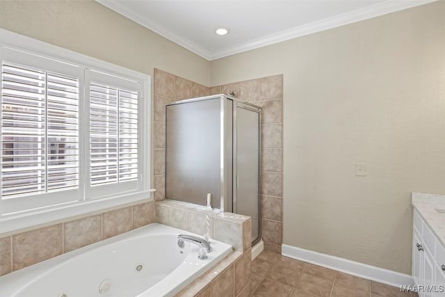 bathroom featuring a stall shower, tile patterned flooring, baseboards, and crown molding