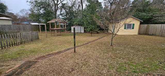 view of yard with a fenced backyard, an outdoor structure, and a storage unit