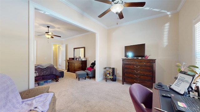 interior space featuring carpet floors, a ceiling fan, baseboards, and crown molding