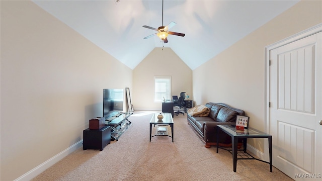 living room featuring a ceiling fan, lofted ceiling, light carpet, and baseboards