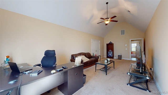 office area featuring visible vents, light carpet, ceiling fan, high vaulted ceiling, and baseboards