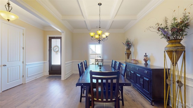 dining area with coffered ceiling, a wainscoted wall, beamed ceiling, wood finished floors, and a notable chandelier