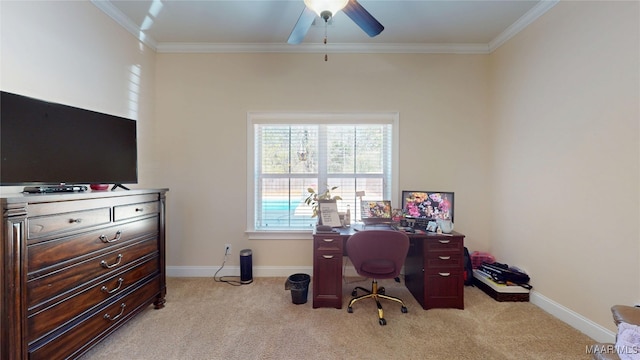 office area with light carpet, baseboards, ornamental molding, and ceiling fan