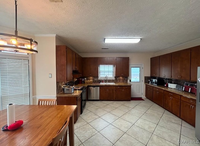 kitchen with tasteful backsplash, stainless steel dishwasher, a sink, black range, and under cabinet range hood