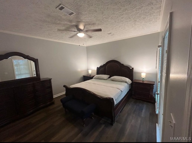 bedroom with ceiling fan, visible vents, dark wood finished floors, and crown molding