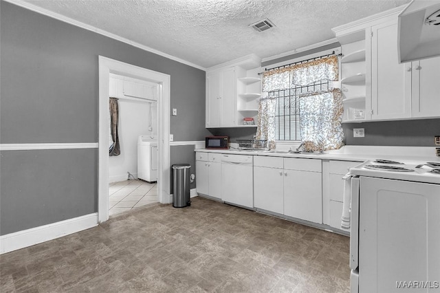 kitchen with white appliances, visible vents, white cabinets, open shelves, and washer / dryer