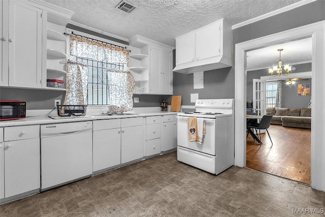 kitchen with open shelves, light countertops, visible vents, white cabinetry, and white appliances