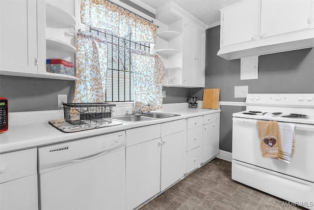 kitchen with open shelves, white appliances, a sink, and white cabinetry