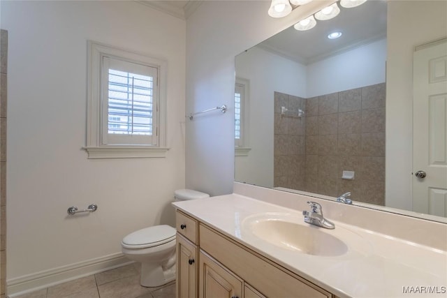 bathroom featuring ornamental molding, walk in shower, toilet, and tile patterned floors