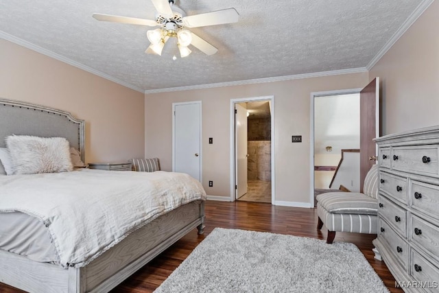 bedroom with dark wood-style floors, crown molding, a textured ceiling, and baseboards