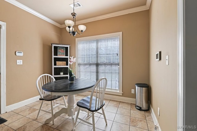 dining room featuring an inviting chandelier, baseboards, visible vents, and crown molding