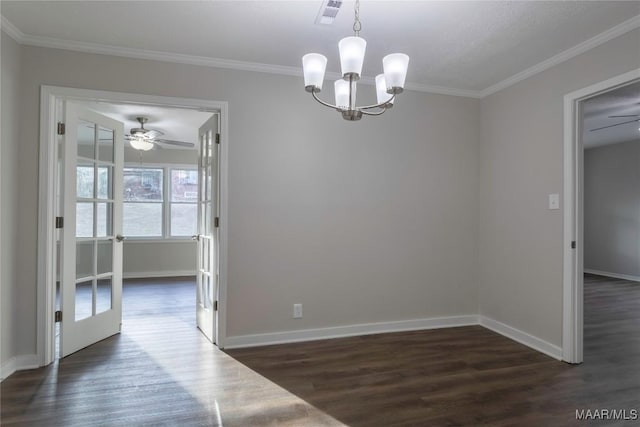 unfurnished dining area featuring dark wood-style floors, visible vents, ornamental molding, and baseboards