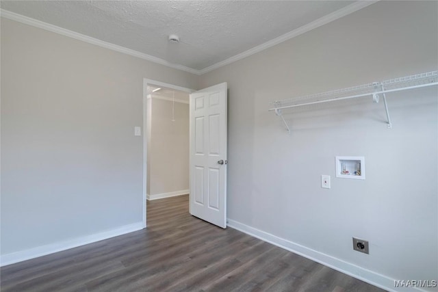 laundry room featuring hookup for a washing machine, dark wood-type flooring, electric dryer hookup, laundry area, and baseboards