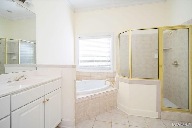 bathroom with ornamental molding, a stall shower, a bath, and tile patterned floors