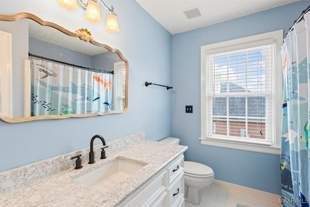 bathroom with tile patterned flooring, toilet, vanity, visible vents, and baseboards