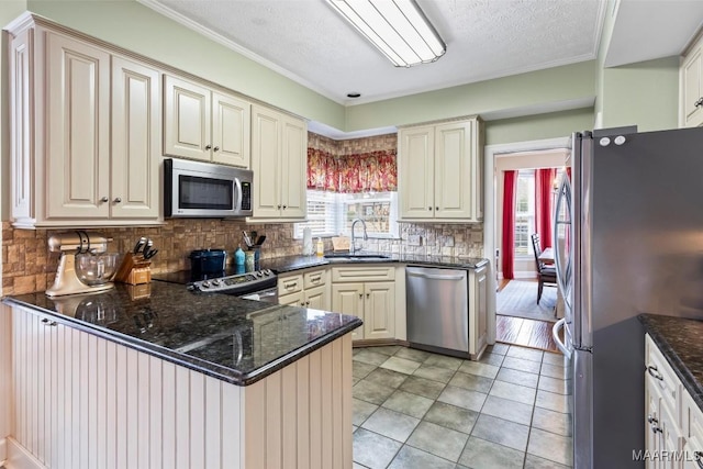 kitchen featuring a wealth of natural light, appliances with stainless steel finishes, backsplash, and a sink