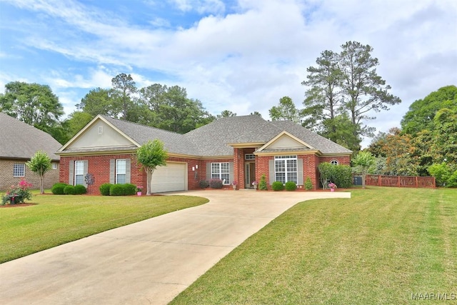 view of front facade featuring concrete driveway, an attached garage, fence, a front lawn, and brick siding