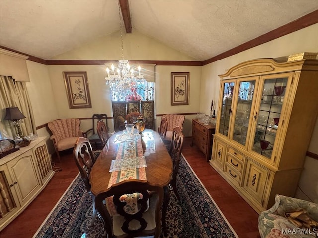 dining area featuring dark wood-style flooring, a notable chandelier, and vaulted ceiling with beams