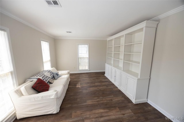 unfurnished living room featuring dark wood-style floors, visible vents, ornamental molding, and baseboards