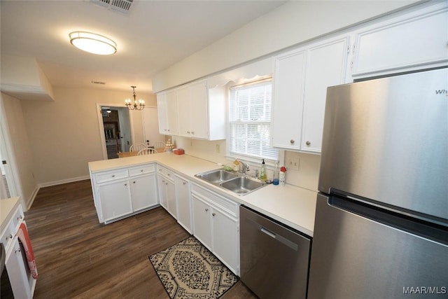 kitchen featuring stainless steel appliances, a sink, visible vents, and white cabinetry