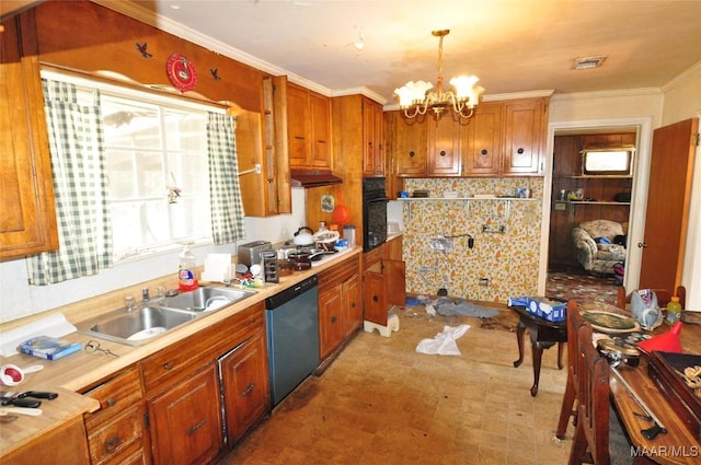 kitchen featuring dishwashing machine, under cabinet range hood, a sink, light countertops, and ornamental molding