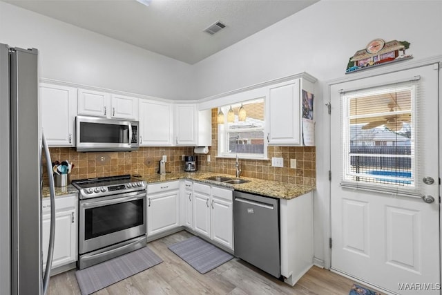 kitchen featuring stainless steel appliances, white cabinets, visible vents, and a sink