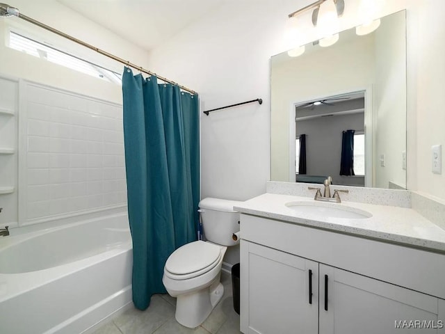 bathroom with tile patterned flooring, shower / bathtub combination with curtain, vanity, and toilet