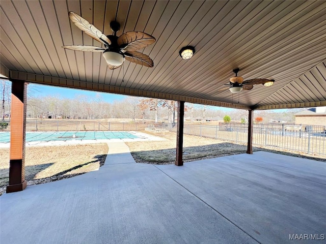 view of patio / terrace with a ceiling fan, a fenced in pool, and a fenced backyard