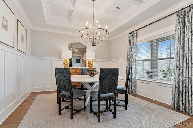 dining space featuring a chandelier, a decorative wall, coffered ceiling, dark wood-style floors, and beamed ceiling