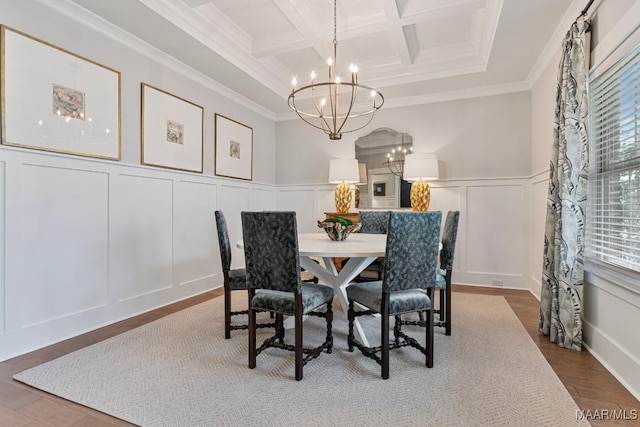 dining area with crown molding, a chandelier, a decorative wall, and beam ceiling