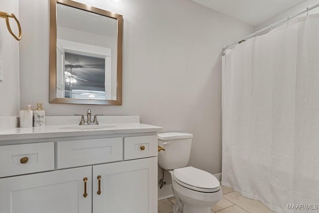 bathroom with baseboards, toilet, marble finish floor, curtained shower, and vanity