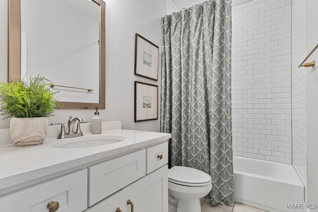 bathroom with toilet, shower / tub combo, and vanity