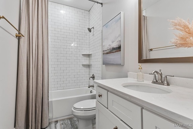 bathroom featuring wood finished floors, shower / bathtub combination with curtain, toilet, and vanity