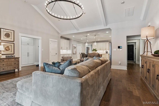 living room featuring visible vents, a chandelier, dark wood-style floors, beamed ceiling, and high vaulted ceiling