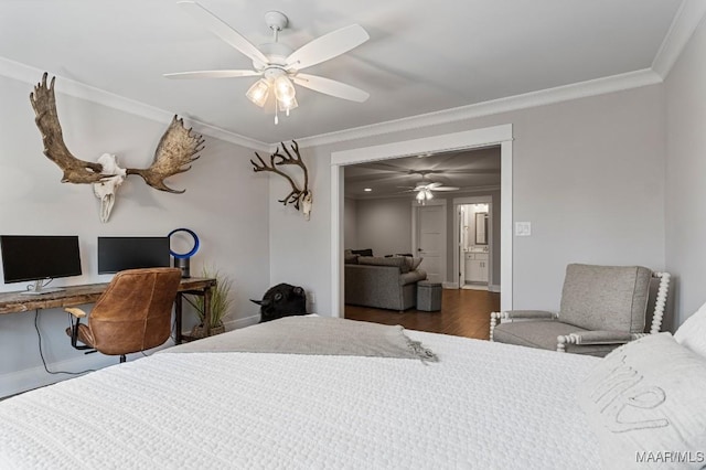 bedroom with ceiling fan, a closet, crown molding, and wood finished floors