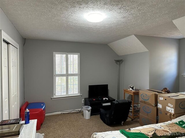 carpeted bedroom featuring a textured ceiling and lofted ceiling