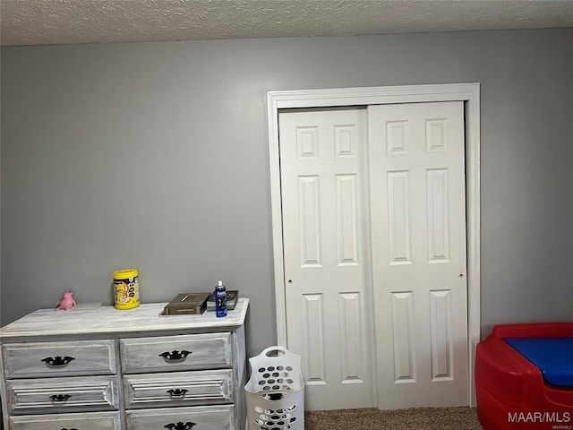 interior space featuring a textured ceiling and carpet floors
