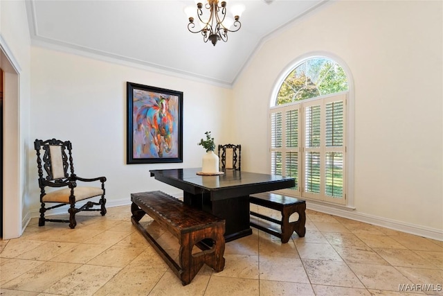 dining area with lofted ceiling, crown molding, a notable chandelier, and baseboards