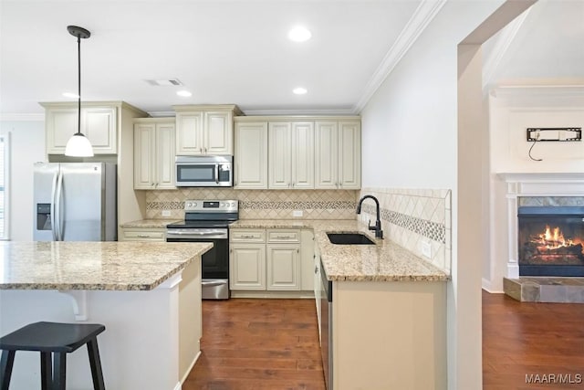 kitchen with ornamental molding, appliances with stainless steel finishes, dark wood-type flooring, and a sink