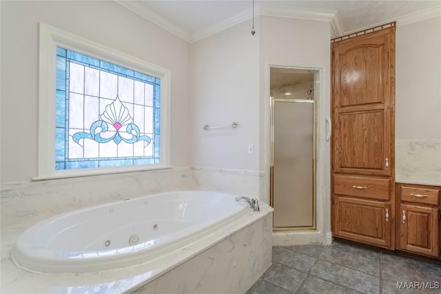 full bath featuring a stall shower, crown molding, and a tub with jets