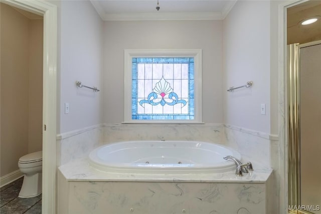 bathroom featuring a shower stall, a garden tub, toilet, and crown molding