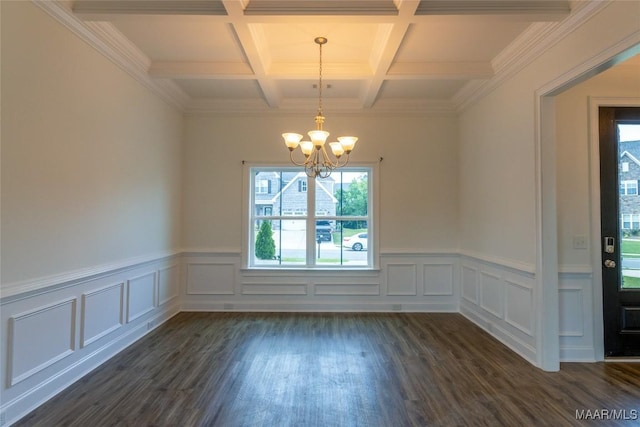 unfurnished dining area featuring dark wood-style floors, beam ceiling, coffered ceiling, and a notable chandelier