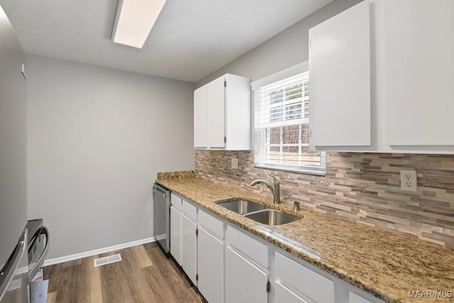 kitchen with baseboards, white cabinets, backsplash, a sink, and stainless steel dishwasher