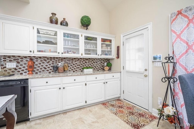 kitchen with dishwasher, backsplash, glass insert cabinets, and white cabinets