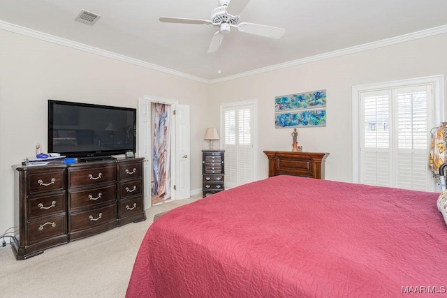 bedroom with ceiling fan, visible vents, ornamental molding, and light colored carpet