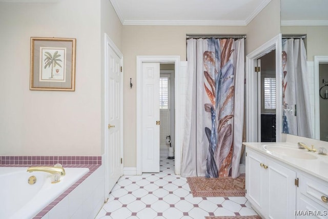 full bath with a relaxing tiled tub, tile patterned floors, vanity, and crown molding