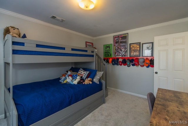 bedroom with baseboards, carpet flooring, visible vents, and crown molding